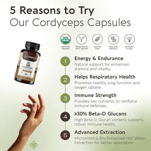 Miniatura 3 de Longevity Botanicals Cápsulas orgánicas de hongos Cordyceps Extracto de suplemento de 120 unidades Cuerpo fructífero Cordyceps Militaris ≥30%
