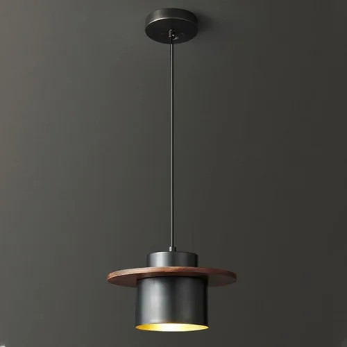 Nordic Vintage Industrial Pendant Lights, Modern Cylinder Shape Shade with Wood Decoration, Black Full Copper Chandelier for Kitchen Island Dining