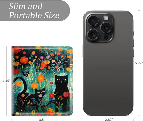 Miniatura 2 de Billetera de cuero genuino de lujo para mujer con bloqueo RFID, compacta, plegable, con ventana para identificación, Gato negro, Moderno
