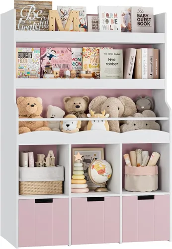 Miniatura 7 de HITHOS Estantería infantil de 55.3 pulgadas de alto con organizador de almacenamiento de juguetes, estante alto para libros con 3 contenedores Rosa