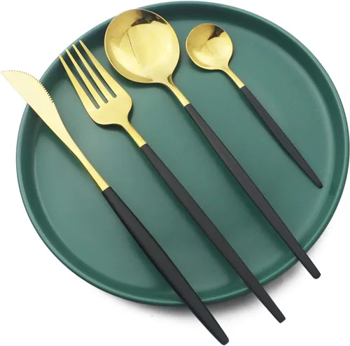 Miniatura 2 de Juego de cubiertos dorados con mango negro, 24 piezas de acero inoxidable brillante, cubiertos para 6, aptos para lavavajillas