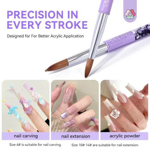 Miniatura 2 de SAVILAND Kolinsky - Juego de pinceles de uñas acrílicas: tamaño 6, 10, 14, herramienta de manicura profesional para aplicación de acrílicos