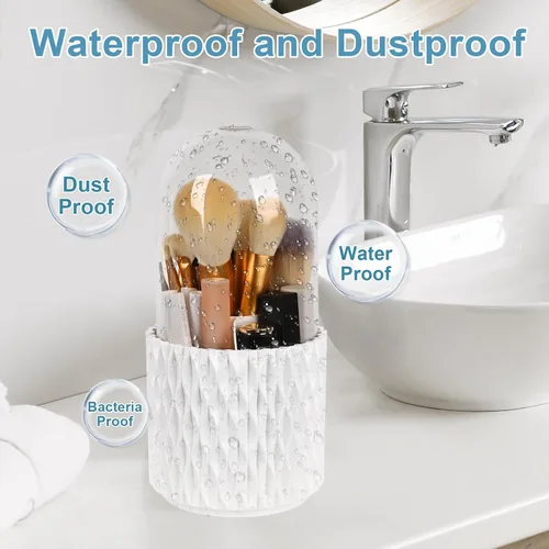 Miniatura 5 de WAFJAMF Organizador de brochas de maquillaje con tapa, organizador giratorio de 360 grados para tocador y baño, 5 ranuras para brochas de Blanco