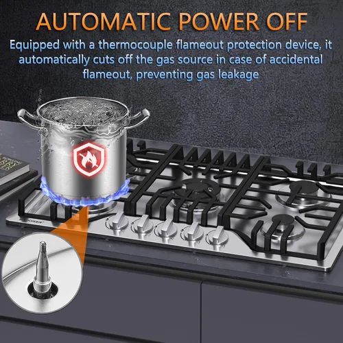 Miniatura 3 de Placa de cocina de gas de 30 pulgadas, estufa de gas integrada con 5 quemadores, cocinas convertibles NG/LPG, placa de cocina de propano de 5