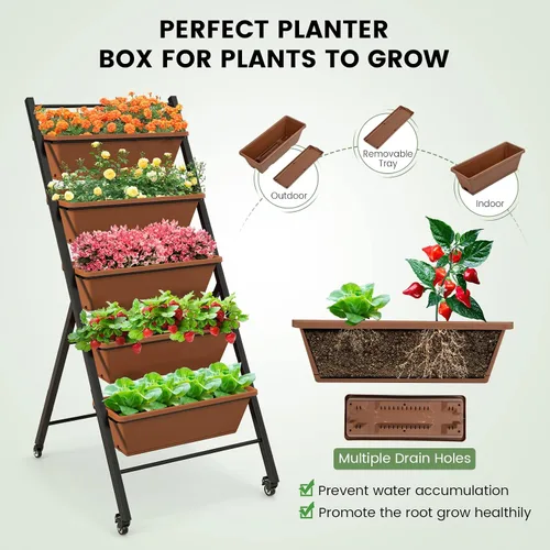 Miniatura 7 de Giantex Cama de jardín elevada vertical sobre ruedas, macetas elevadas de 5 niveles, camas de jardín con orificio de drenaje, 5 contenedores