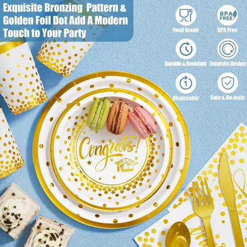 Miniatura 4 de Decoraciones de graduación 2026 – 245 piezas de vajilla desechable de grado (servir 25) y suministros para fiesta de graduación con plato de papel