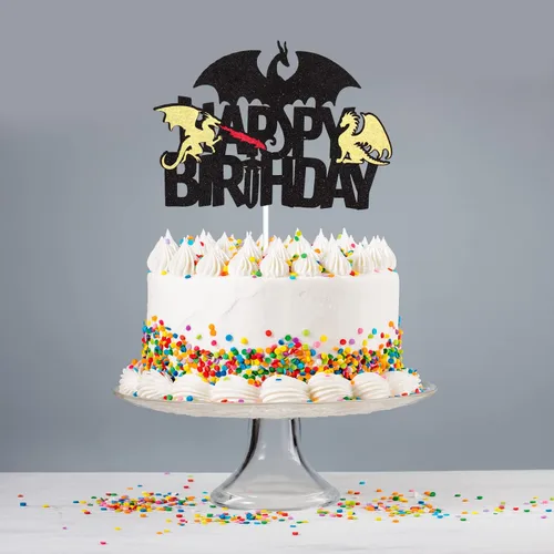 Miniatura 6 de Decoración para pastel de cumpleaños con purpurina negra de dragón de fuego, juegos de decoración de fiesta de dragón para niños y hombres