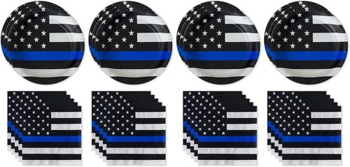 Miniatura 6 de Fiesta de la línea azul delgada de la policía para 16 invitados! Incluye 16 platos y servilletas de 7 pulgadas en el patrón oficial de bandera