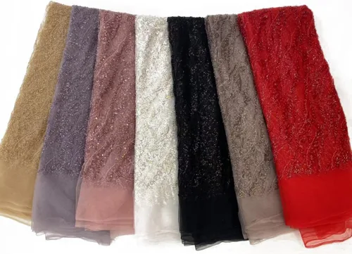 Miniatura 7 de Tela de encaje africano bordada con lentejuelas, con cuentas de artesanía pesadas y brillo floral, de tul francés, para vestido con cola, 4,5 Negro