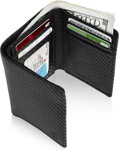 Miniatura 7 de Billetera de triple pliegue con RFID, cuero genuino, delgado, con ventana de identificación, bolsillo frontal, regalo para hombre