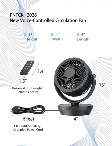 Miniatura 2 de PNTCK Ventilador circulador de aire para dormitorio, ventilador de mesa oscilante silencioso con 4 velocidades, control remoto, oscilación de 90°