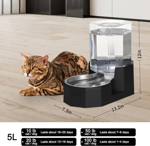 Miniatura 3 de Sfozstra - Dispensador de cuenco de agua por gravedad: comedero automático de 5L en acero inoxidable negro para gatos con cepillo especializado