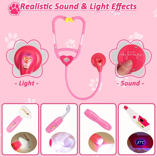 Miniatura 2 de Liberry Kit de médico para niños pequeños de 3, 4, 5, 6, 26 piezas, juego de médico con juguete para perro, estetoscopio y disfraz de disfraz, Rosa