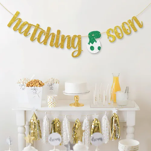 Miniatura 4 de Hatching Soon Banner de dinosaurio para baby shower para niños, suministros de fiesta de dinosaurios, pancarta de bienvenida para bebé, suministros