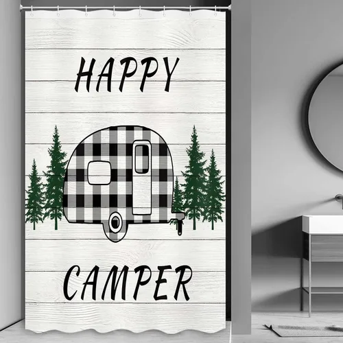 Miniatura 6 de MERCHR Happy Camper - Cortina de ducha para caravana, remolque a cuadros de búfalo con árboles en casa de campo, tela de madera gris rústica