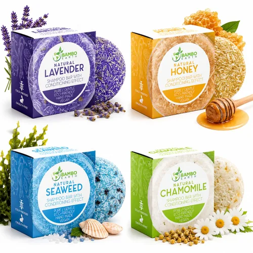 Barra de champú sólido y jabón para el cabello con efecto acondicionador, paquete de 4 barras de champú 100% orgánicas para cabello con todos los