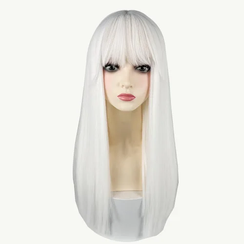 Miniatura 25 de Peluca de 22 pulgadas de largo y lacia con flequillo de cortina para mujer, cabello sintético negro, resistente al calor, para fiesta, cosplay, Té