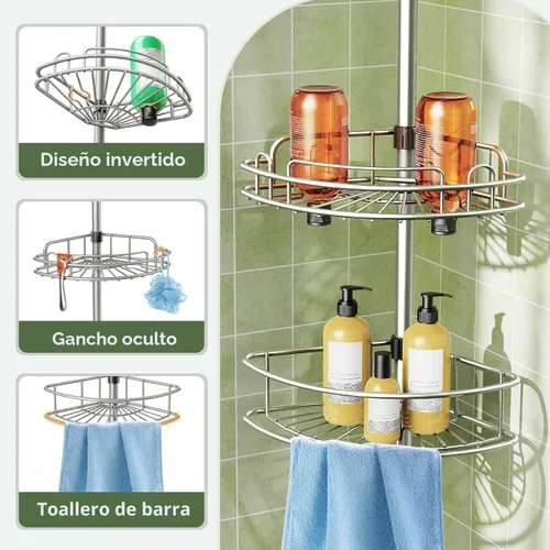 Miniatura 5 de HAMITOR Organizador de Ducha de Esquina con Barra de Tensión: Estanterías Ajustables de 4 Niveles Resistente a la Oxidación - 120-206 Cm Instalación