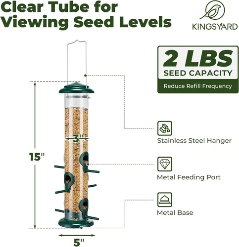 Miniatura 3 de Kingsyard Comederos Metálicos para Pájaros para Exteriores Colgantes, Comedero de Tubo para Pájaros con 6 Puertos de Alimentación, 15 Pulgadas, A