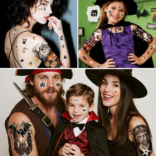 Miniatura 5 de 39 tatuajes temporales de Halloween que brillan en la oscuridad para adultos y niños, 9 tatuajes falsos realistas de media manga, calabaza