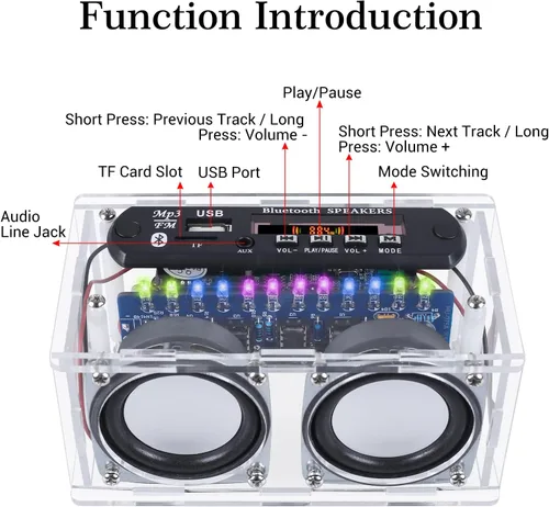Miniatura 7 de Kit de altavoces compatible con Bluetooth, función de grabación, kit de práctica de soldadura de radio FM con espectro LED, soporte