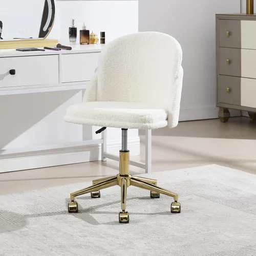 Miniatura 9 de Silla de escritorio de piel sintética, cómoda silla de tocador de maquillaje, moderna silla giratoria tapizada esponjosa con ruedas, base de metal
