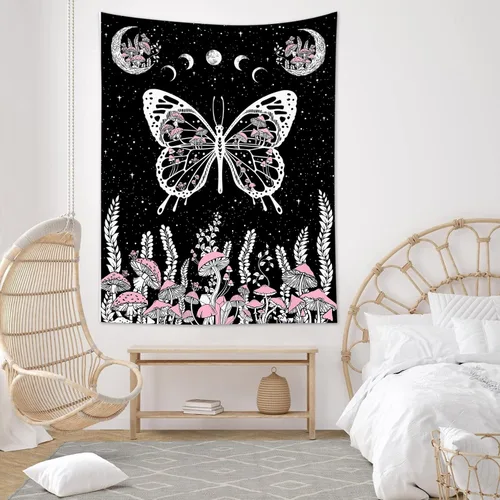 LB Tapiz de mariposa blanco y negro, hongo rosa y hojas con fase lunar para dormitorio, tapiz colgante de pared de noche estrellada, arte de pared