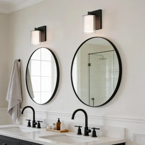 Miniatura 2 de Kalium Juego de apliques de pared de dos piezas, luces de tocador modernas con pantalla de vidrio transparente doble en negro mate para interiores