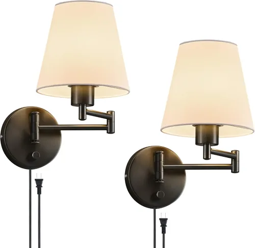 Miniatura 13 de VONLUCE Lámpara de pared con brazo oscilante ajustable moderna de níquel cepillado, iluminación de aplique de pared enchufable para mesita de noche