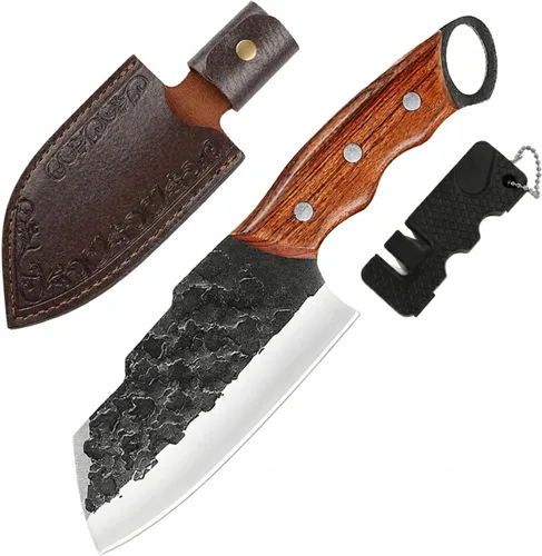 Miniatura 11 de KOFERY Cuchillo de carnicero serbio forjado a mano con espiga completa martillado de acero 4Cr13MoV para cocina, campamento y barbacoa Cuchillo