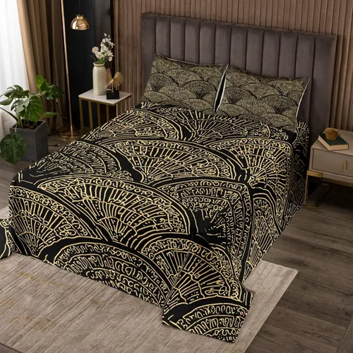 Erosebridal Juego de colcha geométrica ondulada tamaño King, juego de colcha étnica dorada y negra en forma de abanico con plumas ornamentadas y
