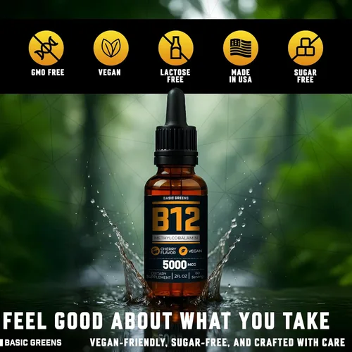 Miniatura 4 de Vitamina B12 - Gotas líquidas de 5000 mcg, fórmula líquida B12 sublingual de metilcobalamina, suplemento B-12 vegano sabor cereza para mujeres