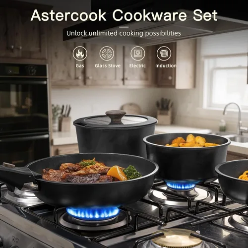 Miniatura 2 de Astercook - Juego de utensilios de cocina de cerámica antiadherente para RV, ollas y sartenes con mango desmontable/removible, apto para horno, Negro