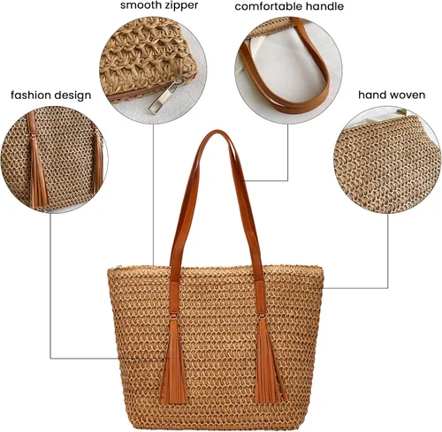 Miniatura 4 de Bolsa de playa de paja, bolsa de mano tejida de verano, bolso de hombro grande, bolsos de paja y bolsos para mujeres de vacaciones