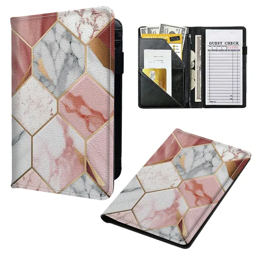 Miniatura 22 de Libros para camarera, cartera de cuero con bolsillo con cremallera, 7 bolsillos de almacenamiento para recetas y cheques, soporte para bolígrafos