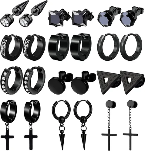 Juego de 12 pares de aretes de acero inoxidable negros para hombre, aretes de aro punk, aretes negros para mujer, juego de aretes colgantes AMind4U,