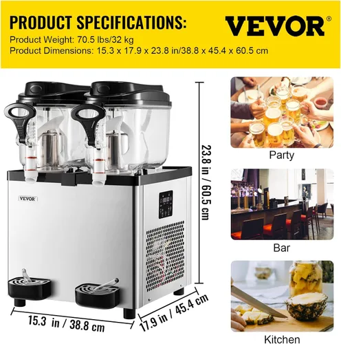 Miniatura 7 de VEVOR Máquina comercial para granizar, 6 L x 2 tanques 50 tazas Margarita, 700 W 110 V batido de acero inoxidable congelado máquina perfecta