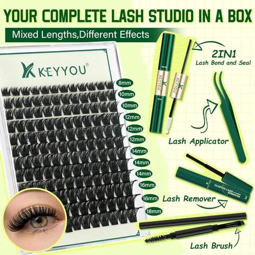 Miniatura 4 de Kit de racimos de pestañas KEYYOU 144 piezas, racimos de pestañas de volumen grueso ondulado D, kit de extensión de pestañas con cepillo de rímel