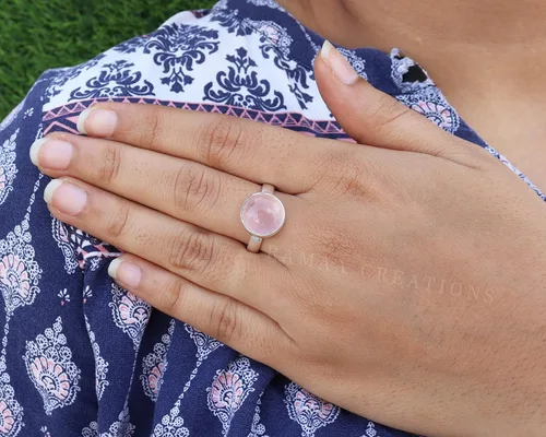Miniatura 2 de Anillo de plata de cuarzo rosa Anillo de cuarzo rosa redondo natural Plata de ley 925 Joyería hecha a mano