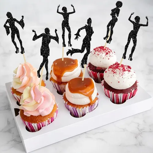 Miniatura 9 de 24 piezas de decoración de cupcakes de discoteca de los años 70 con purpurina negra, selecciones bailarinas de los 80 para decoración de pasteles