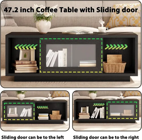 Miniatura 4 de HSH Mesa auxiliar negra para sala de estar, mesas de centro rectangulares de madera moderna de 47 pulgadas con puerta corredera y estante abierto