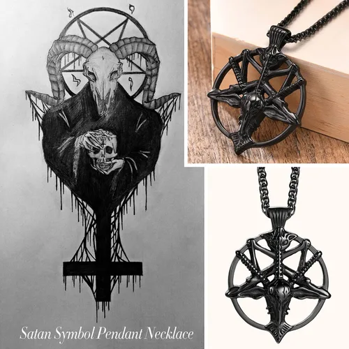 Miniatura 6 de Collar de pentagrama invertido de Satanás Colgante de calavera de cabeza de cabra baphomet de acero inoxidable, joyería satánica de cabra