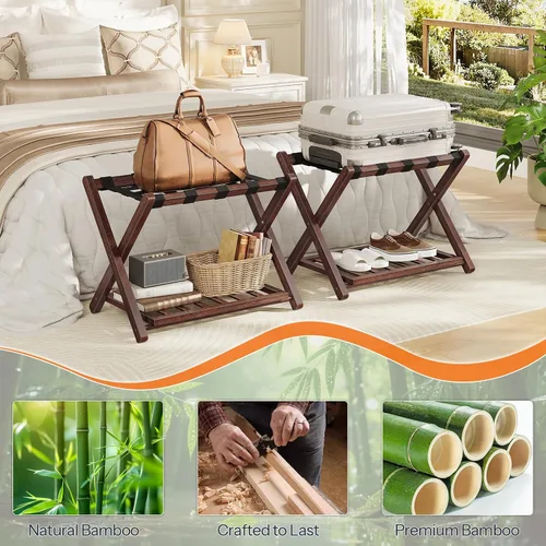 Miniatura 6 de HOOBRO Portaequipajes, soporte plegable para equipaje, soporte de maleta de bambú para habitación de invitados, con estante de soporte de correa