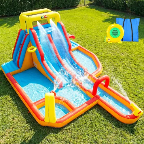 Mega parque inflable de toboganes de agua, gran casa de rebote para niños de 5 a 12 años, tobogán acuático con pared de escalada, dos toboganes