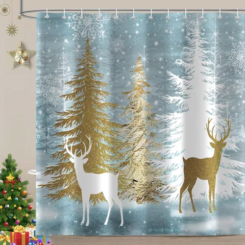 Miniatura 15 de Cortina de ducha de Feliz Navidad, trineo de Papá Noel, reno, copo de nieve, vacaciones, cuadros rojos y verdes, juego de cortinas de ducha