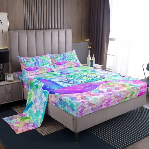 Miniatura 15 de Erosebridal Sábanas de sirena azul para niñas, juego de sábanas de unicornio lindo tamaño matrimonial, 4 piezas para niños, sábanas de arcoíris