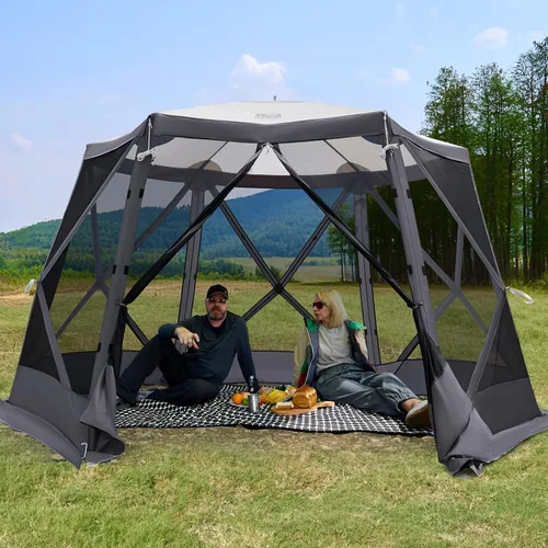 Miniatura 13 de Timber Ridge Gazebo desplegable, casa portátil de pantalla instantánea con malla, fácil de instalar en 60 segundos, mide 12.1' x 10.5' x 7.2', se