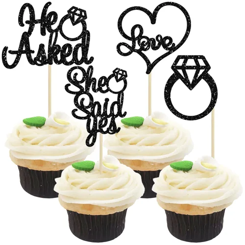 Gyufise Paquete de 24 adornos para cupcakes con purpurina negra con la frase "He Asked She Said Yes" para cupcakes, anillos de corazón con purpurina