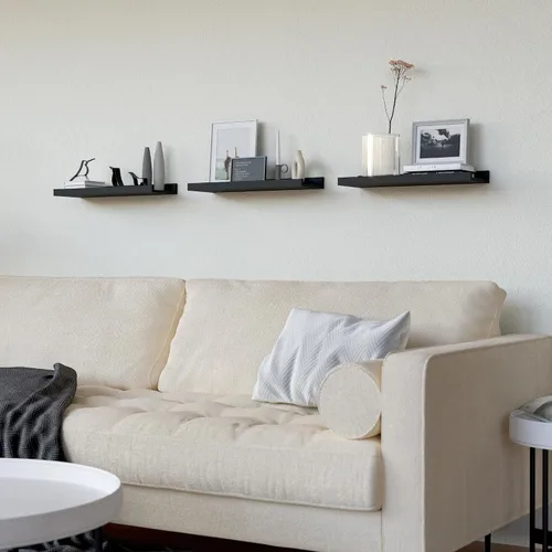 Miniatura 5 de RICHER HOUSE Juego de 3 estantes flotantes para pared, estantes negros de 16 pulgadas para montar en la pared con borde para almacenamiento, estante