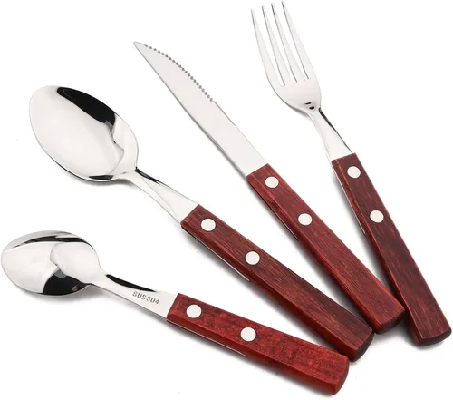 Miniatura 10 de Juego de cubiertos de madera de acero inoxidable 304 con mango ancho, juego de cubiertos de madera duradera, utensilios reutilizables, espejo
